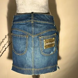 Roberto Cavalli denim skirt with rhinestone and gold snake  details